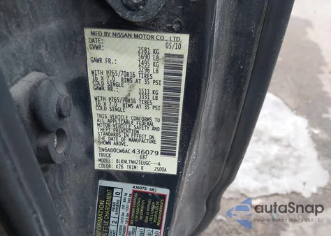 2010 Nissan Frontier Se z USA, uszkodzony, nr VIN 1N6AD0CW6AC436079